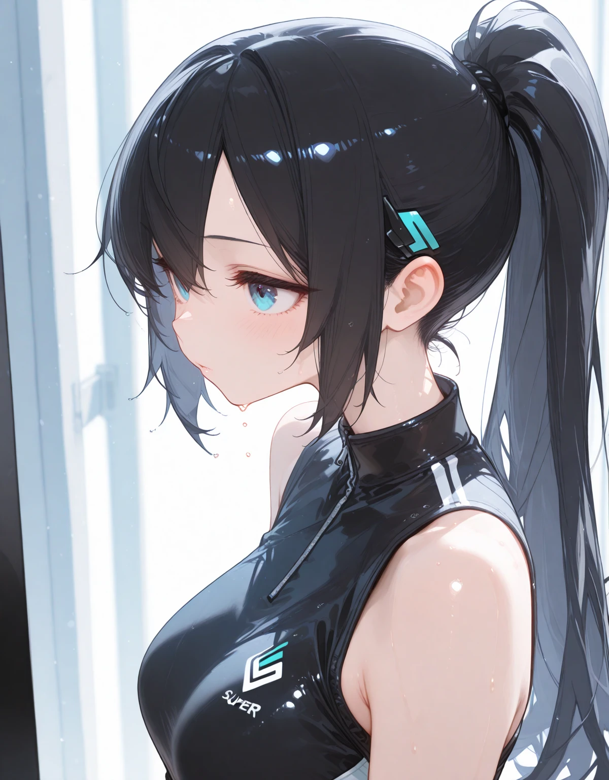 Adult woman, Long black hair, high ponytail, bunny ears, turquoise eyes, Black tight top, ssmile, Masterpiece, hiquality