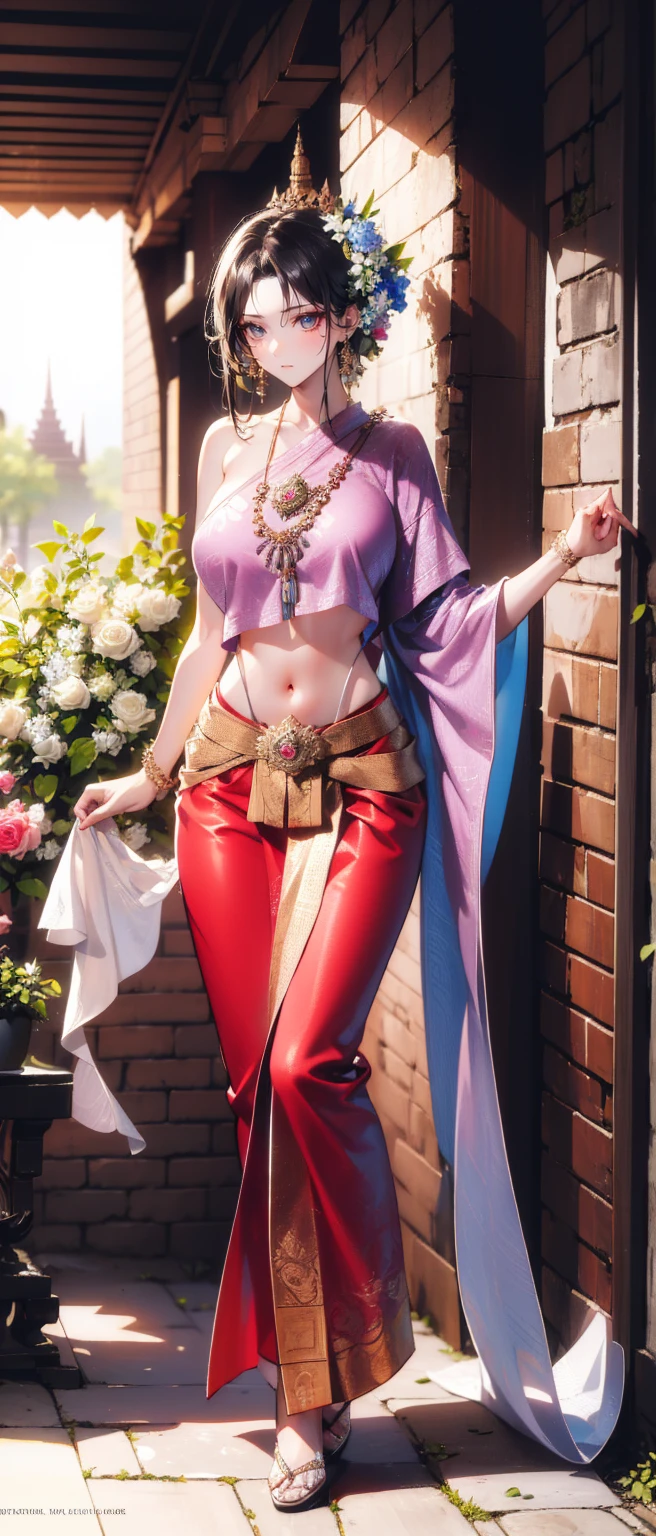 ((full body, standing):1.5), {((1 woman))}, {((wearing brown leather indian clothes, extremely tight and short in the body, short leather shorts and short velvet)), ((big breasts)), ((short pink hair, mohawk, sparkling blue eyes, wearing small feathered headdress)), ((looking at viewer, maniacal smile, making erotic pose, holding a bow and arrow)) , ((in an indigenous village, cloudy sky, it's daytime, plants and flowers, Indians of different ethnicities))}