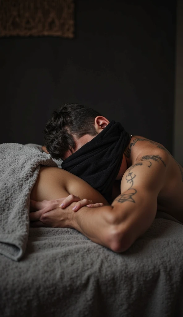 Hot, sweaty, beefy, shirtless dad on the bed with his hands tied up above his head, his hands connected to the headboard. He also has big, bushy, hairy armpits. Big cockhead bulge on his underwear. (He is also blindfolded with a cloth tied around his eyes, covering his eyes). (He also has a dad bod). (He is extremely sweaty, sweat dripping all over his body).