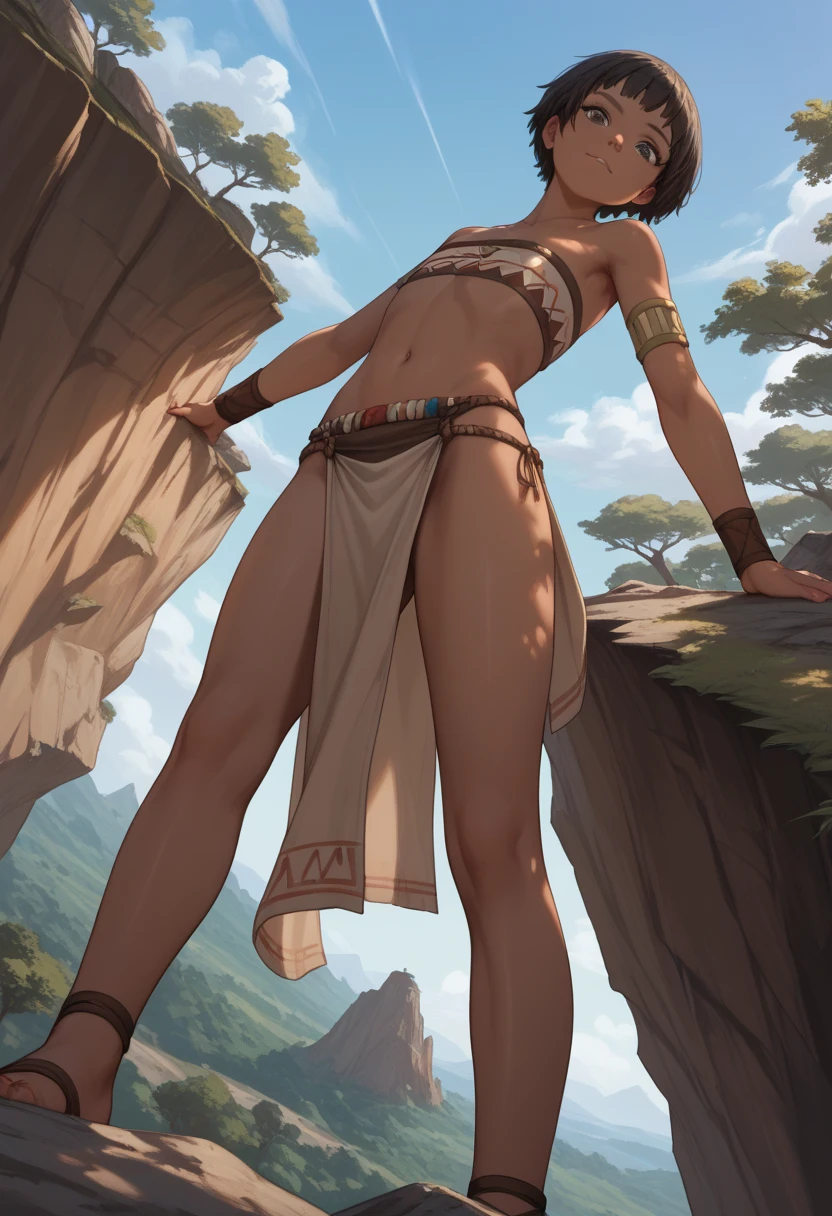 1girl, dark skin. brown hair, brown eyes, curly hair, short hair, hairband, wristbands, medium breasts, fur bikini, boots, outdoors, mountain, cowboy shot, full body <lora:Ban AP:1> <lora:DianaDD_XL:0.8>, score_9, score_8_up, score_7_up, score_6_up, score_5_up, score_4_up, BREAK source_anime, masterpiece