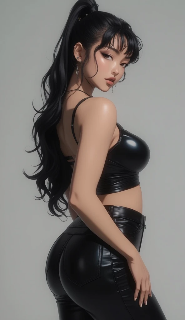 Megan Fox, fit slim body, leather pants, white top, detailed eyes, detailed face, hands not showing, upper body and head only, 8k, long hair, ultrasharp