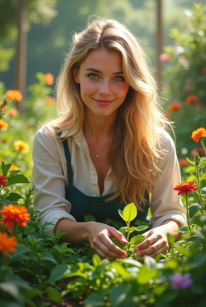 [full body shot] professional, (((huge tits))) ((cheerful woman, in a sunhat, watering colorful flowers in her garden, mini skirt)) (4k image:1.1), (Sharp Focus:1.3), Very detailed, wear (tight shirt:1.2), beautiful detailed face, sparkling eyes, long light hair, (attractive young woman:1.3), (seductive:1.1), (blushing:1.1), pear body shape, perfect hands, natural breasts, wide hips. --Sexy body --Prominent bare breasts --Detailing, full body, a lot of femininity, tempting, Dazzling, sensual pose, muse, --Unreal движок 5. 