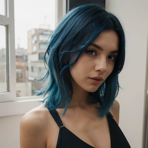 Id portait pohoto of attractive woman with  
turquoise hair