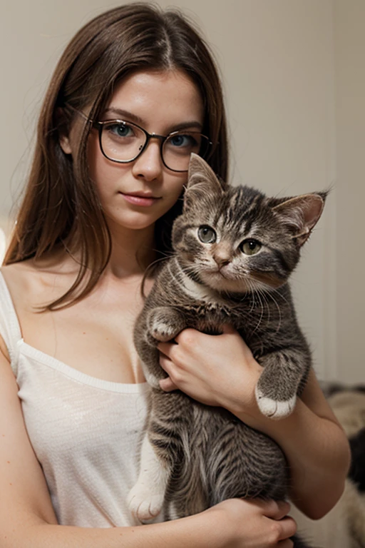 young girl, short hair, black fur, glasses, , Skirt, doggy pose, in bed