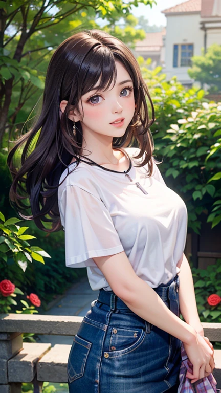 (((((kid)))))、1girl、独奏、sleeveless、ssmile、The shirt、sitted、looking at the spectator、plein air、Tuck your shirt between、skirt by the、sleeveless shirts、chignon、chignon、White shirt、A dark-haired、breastsout、Black skirt、bangss、Blur the background、daytime、Collar shirt、brown-eyed、Blurring、Benches、Exposed shoulders, (Dynamic Pose, Very detailed and beautiful girl, intricate-detail, Beautiful detailed girl, Game CG, Highly detailed body, delicate and intricate hair, realistic and detailed face, Highly detailed eyes and face, Intricate details are beautiful and delicate eyes, Delicate arm and  hands, Human Hands, Real skin texture, Exquisite fabric, plein air, Indoor , beautiful and clear background, absurdity, High-precision details, Highly detailed CG Unity 8K, Ultra-detailed)