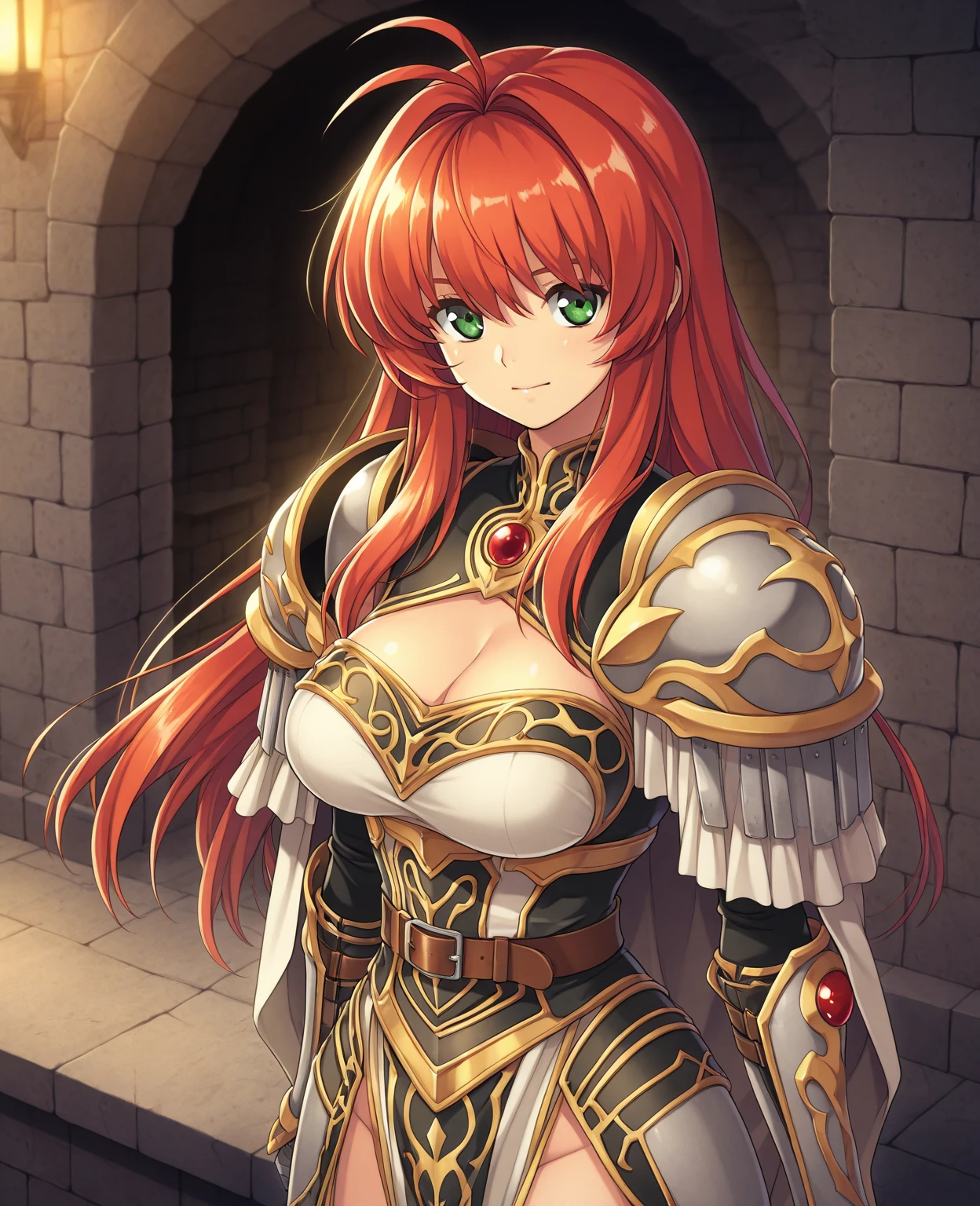 "(masterpiece:1.1), best quality, 
1girl, (80s anime style:1.4), (eyelashes:1.5),(loli:1.2), 
(intricate high detailed body:1.2), 
red hair, 
(forehead:1.2), short blunt bangs, (wavy twintails:1.1), (headband:1.2), 
green eyes, (thick eyebrows:1.1), 
(large breasts:1.1), 
happy, smile, 
(golden embroidery bikini armor, criss-cross halter:1.2), 
(knight armor, armored boots, capelet:1.2), (frill:1.1), (ahoge:1.2), bracelet, 
standing, crossed arms, 
(cowboy shot, looking at viewer, from front:1.1),
(daytime, grassland, outdoors:1.1)"