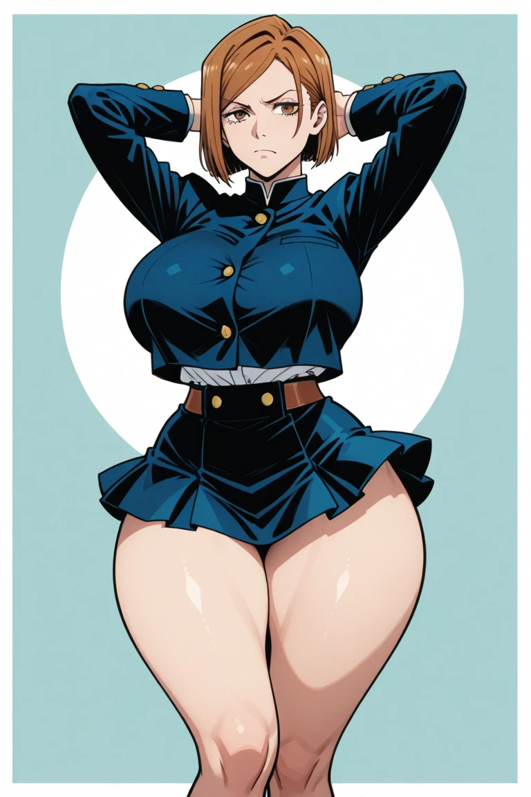 whole body to see, Open mouth, excited, moans, Bob cut hair, very wide hips, very huge thighs, big thighs, nipple pasties, freckles, Blonde, glasses, platform heels, fullbody, School skirt, front pose, standing, blue eyes, body freckles, topless