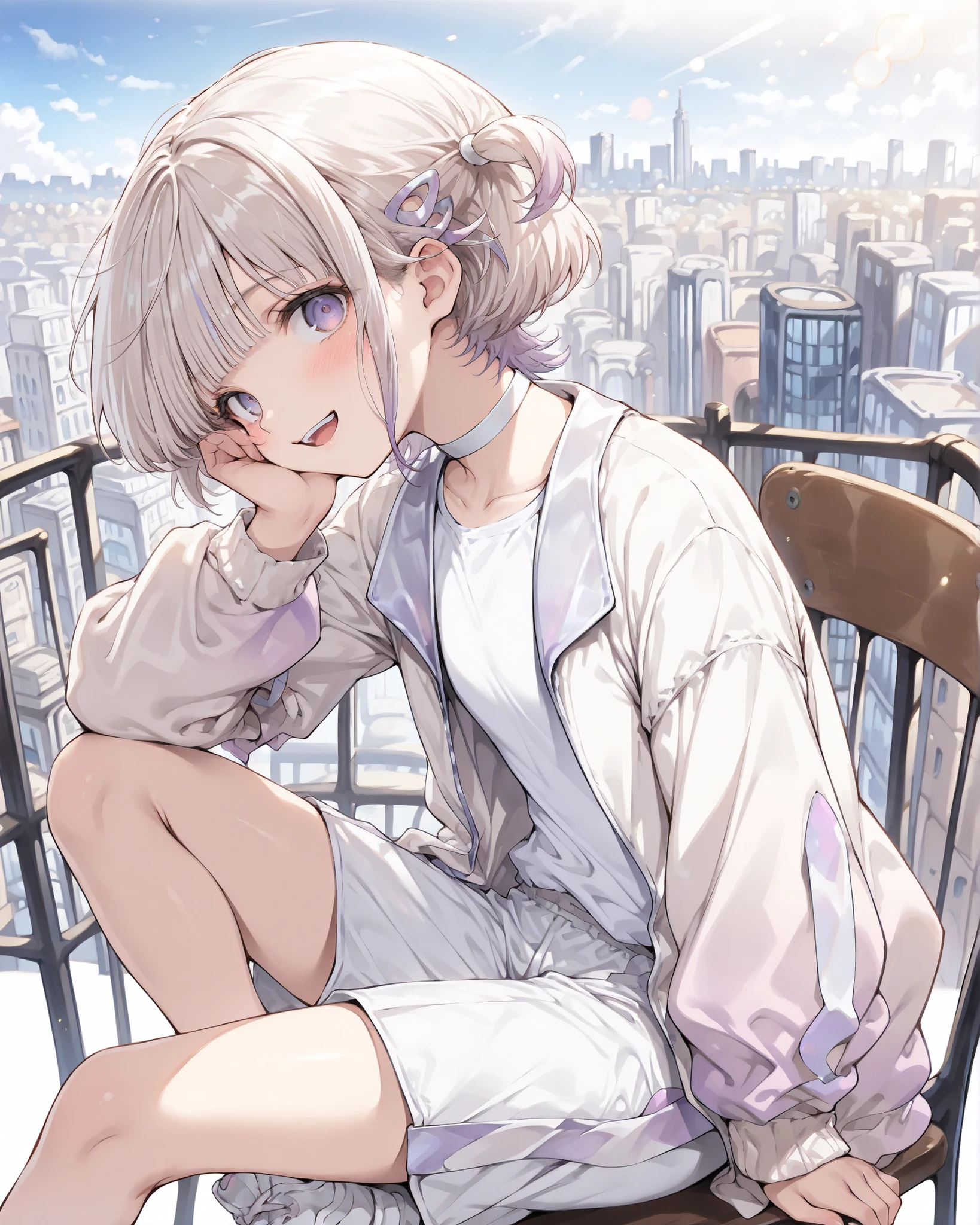 ((Todoroki hajime)), ((Masterpiece)), ((best quality, very aesthetic, absurdres, newest)), (profile), (detailed background), (8K), (cinematic lighting), ((1girl)), cute young girl, (Healthy body, Textured skin, small , tilt head), multicolored hair, short hair, gradient hair, pale-purple colors Hair Tip, two side up, hairclip, loose blunt bangs, (white choker, white shirt, white jacket, gradient jacket, white shorts), white sneakers, ((small )), BREAK, big eyes, (pale-purple eyes, gradient eyes, upturned eyes), (big smile, open mouth, blush), (cheek rest), Stylishly sitting on the chair, summer day, (the Stylish Cafe Terrace), Beautiful cityscape Background, TodorokiHajime,