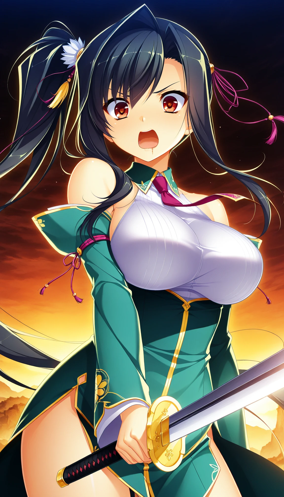 (Princess Warrior) ((Saito Dosan)), (Female), (Saito Dosan Female) (Big Breasts) (Black Hair,) ((Right Side Ponytail)), (Armor) (Alluring Smile), ((Adult Woman))((40歳))