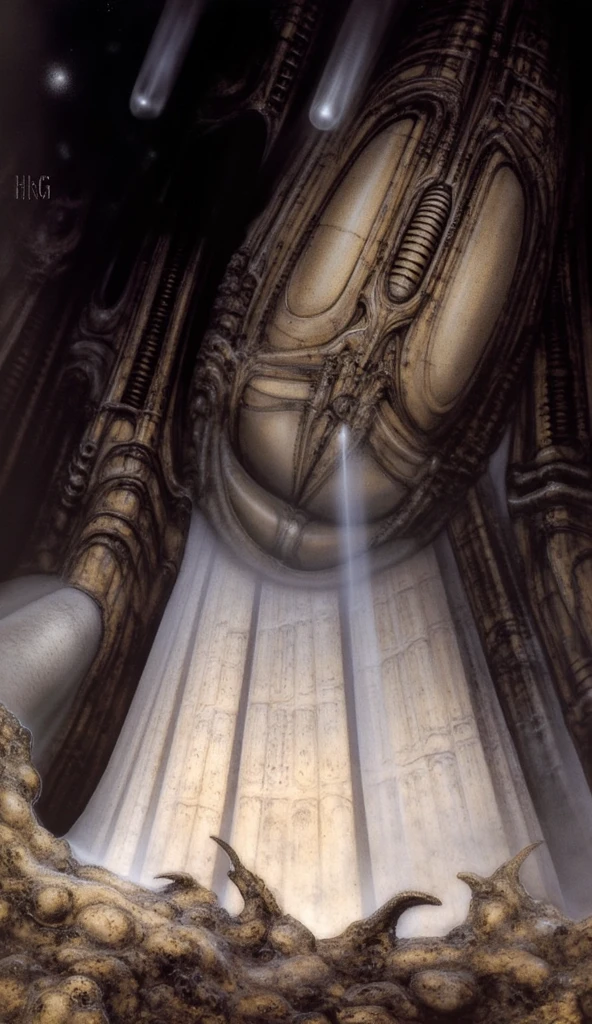 
The image is a detailed view of H.R. Giger's \" HRG Alien egg silo \" plate.
(The shapes are adorned with mechanical and organic elements, and the room is filled with intricate, design-heavy decor and glowing blue lights. The scene is characterized by a mix of natural and artificial elements, creating a eerie and otherworldly atmosphere.
Ultra-detailed depiction of fossilized temple cavern of an alien civilization, made in the style of biomechanics, with many intertwined organic and mechanical structures, metallic shine, stone, burned ivory and corrosion textures, realistic shadows and cracks, the atmosphere of ancient, forgotten technology.):1.3
Please reproduce the original image as accurately as possible, capturing the intricate details of the biomechanical structures, the dramatic lighting, and the overall sense of unease. Find and enhance depiction of Giger's demons and creatures.(best quality:1.4). Use DARK BLACK COLORS.The final image should evoke the same sense of awe and dread as the original artwork by H.R. Giger, (best quality:1.4), H.R. GIGER,  BY GIGER.
A dark, biomechanical landscape filled with interwoven, elongated, organic and metallic forms, inspired by the surreal and nightmarish style of H.R. Giger. The scene is densely packed with tubular, serpentine structures that resemble a fusion of alien exoskeletons, spinal columns, and industrial machinery. The color palette is dominated by shades of black, steel gray, and oily silver, giving a cold, eerie, and otherworldly atmosphere. The composition is complex and chaotic, with no clear background or horizon, creating a claustrophobic feeling of entrapment. The biomechanical elements are intricately detailed, with ribbed textures, cables, jointed limbs, and semi-organic surface patterns. Some of the forms subtly resemble alien skulls or embryonic figures, embedded within the flowing structure, adding an