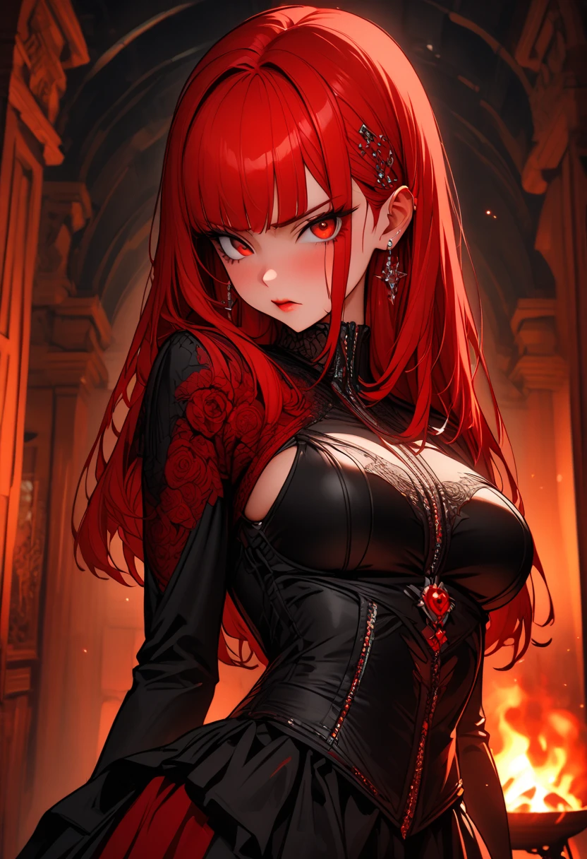 [Whole body]A woman, devil, queen, powerful, Red hair, Wild look, semi worn black dress,tight, of fantasy, red jeweled crown, pink eyes