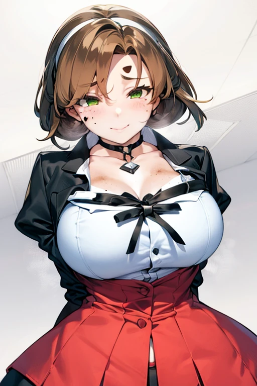 masterpiece, best quality, Perfect face, Sexy, sazaki kaoruko, Double tail, giggle, Hair accessories, White shirt, Red Ascot, Puff sleeves, Juliet Sleeves, High waist skirt, white pantyhose, looking at the audience, Hands on Hips, Cowboy shooting, Solitary, 1 Girl(((Large Breasts、Low-cut,Cleavage, Wide hips,)))(Long legs) (Wide hips)