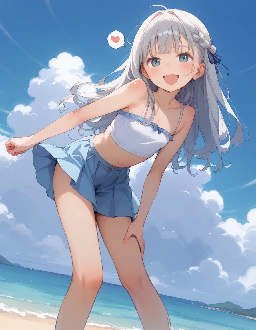 Breasts sticking to a white dress shirt、She is wearing a light blue and white checkered skirt with both hands, showing off her cute white underwear.、barefoot、Sandy beach, sea and blue sky、Cute white underwear