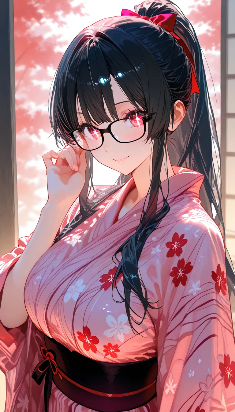 1 girl, stand, glasses, ideal breasts, unbuttoned yukata, loose hair, smile, puff your chest forward, blush, night light, detailed anime face, beautiful eyes, detailed hand, long eyelashes, detailed lips, detailed skin, intricate details, elegant, beautiful lighting, cooled colors, cinematic, soft focus, masterpiece, 8k, ultra-detailed, (best quality, 4k, 8k, highres, masterpiece:1.2), ultra-detailed
