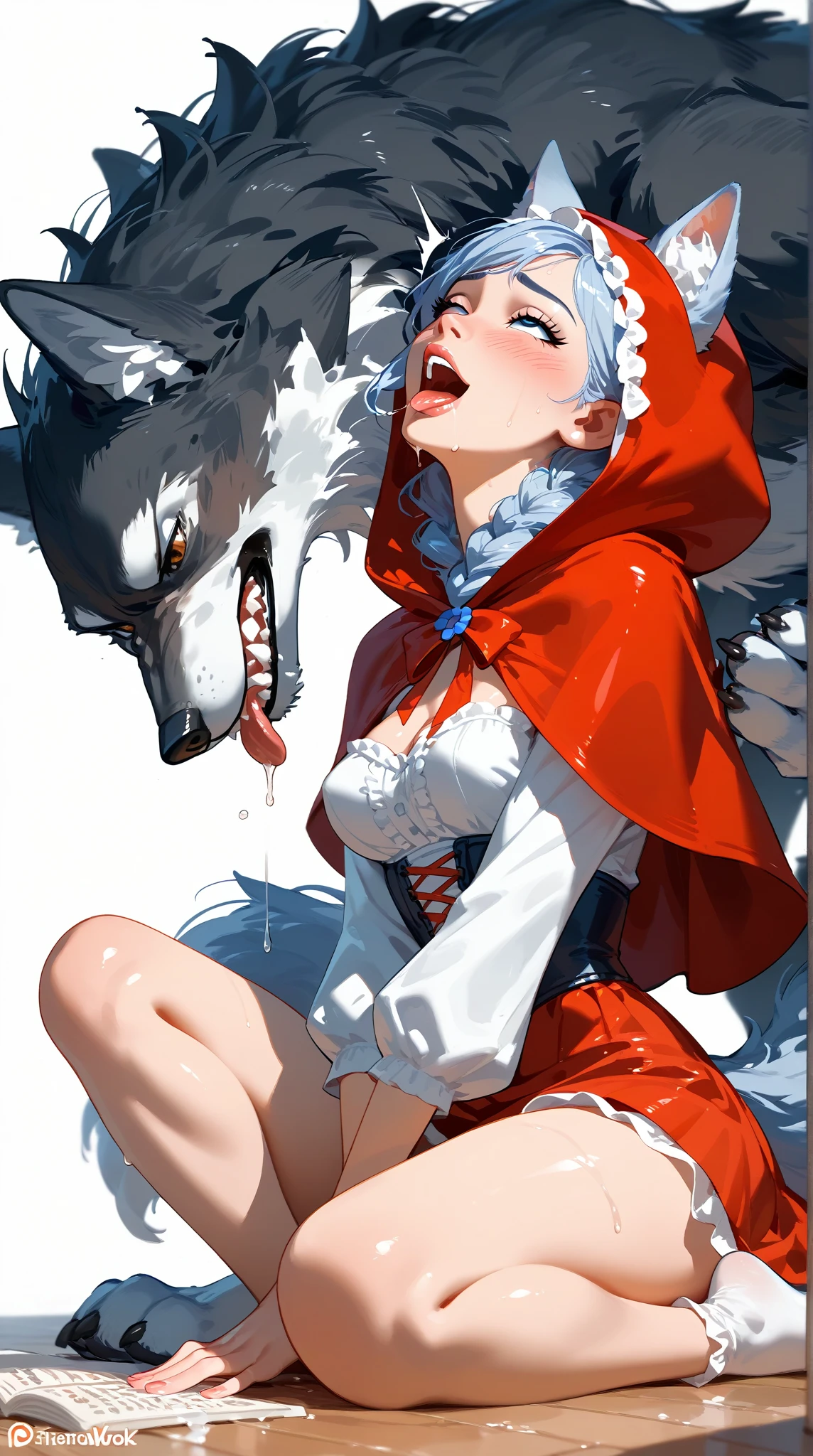 nsfw, top quality, best quality, High-quality illustrations, masterpiece, super high resolution(super cute girl, wolf, lovers, zoophilia, Mating, pussy sex)Little Red Riding Hood, forest, girl, undressing, open Clothes, absurdres, perfect anatomy, tomogao, good lighting, red blush, cinematic shadow,