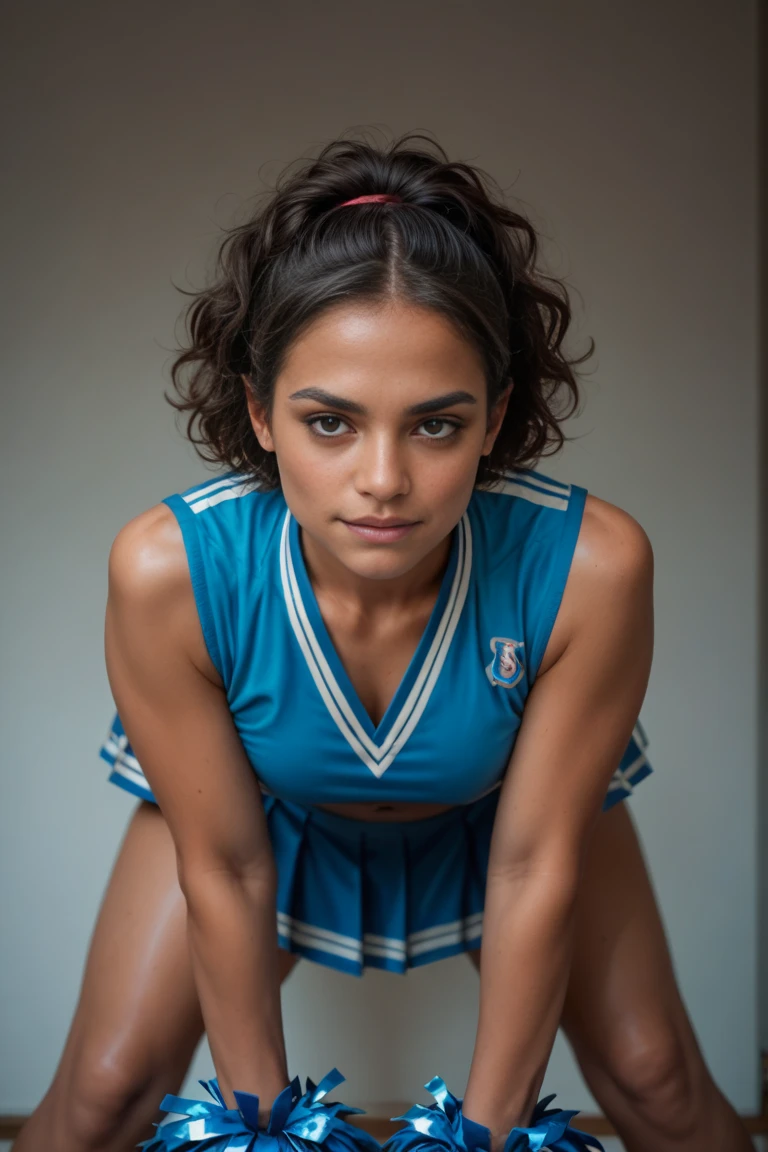 (masterpiece,highest quality,超A high resolution),indian Instagram model, (((very beautiful 20 year old girl))), pretty girl、look at the photographer、 ((beautiful low ponytail)), super cute face, glossy lips, double eyelids in both eyes,natural smile、 natural makeup, long eyelashes, Shiny and smooth hair、center image, perfect limbs, perfect anatomy,(((White football uniform))),(wet with sweat),Man streak,((sit with legs wide apart)), light background, rim light, key lights