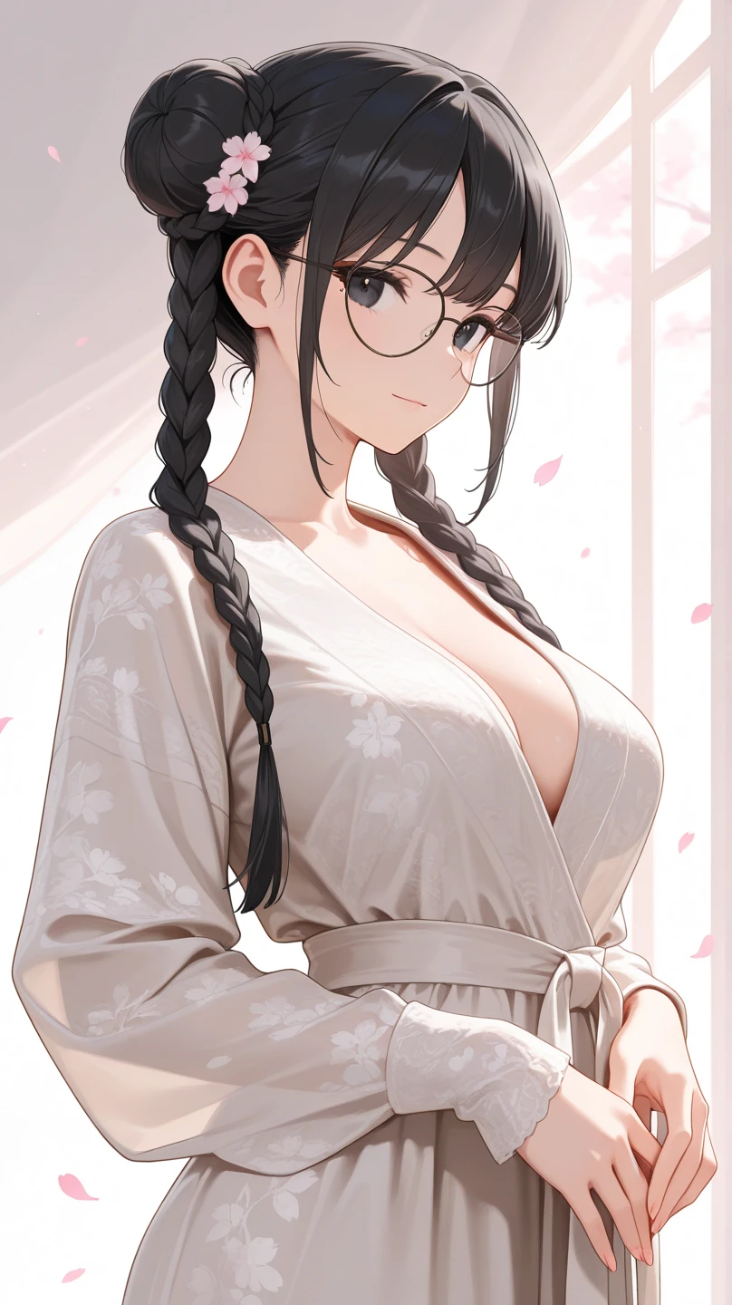 perfect eyes:1.2, detailed eyes:1.4, miyoshi, short hair, twin braids:1, black hair, green eyes, glasses, leaning forward, metal frame glasses, blunt bangs, fringe, indoors, huge breasts, narrow waist, long skirt, floral print, cleavage, shirt, off shoulder, beautiful body, medium full shot, thigh-level shot, 1girl,(masterpiece:1.6, best quality),