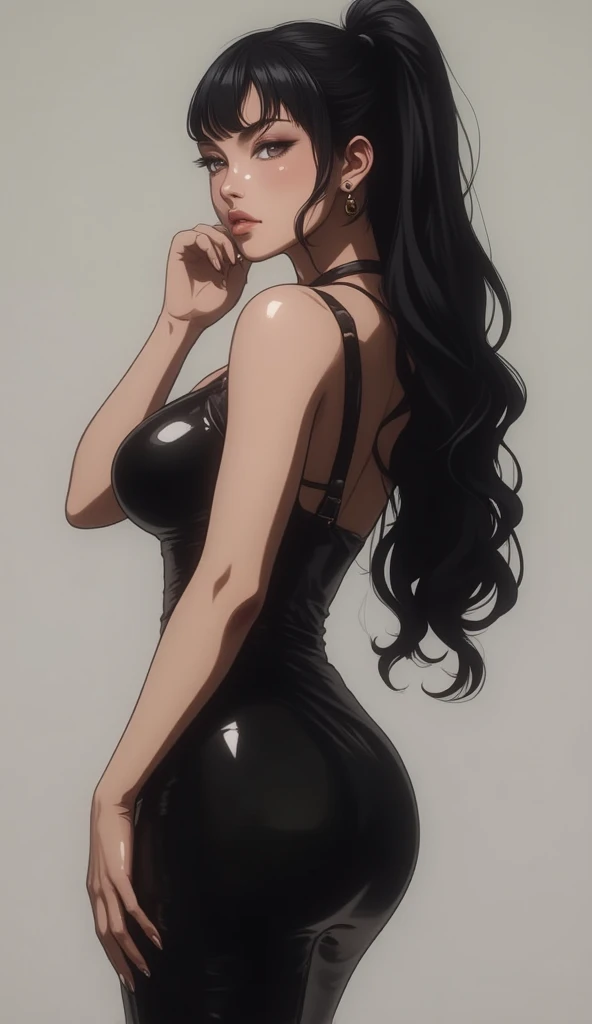 A beautiful adult woman with shoulder-length long hair, big breasts, beautiful legs, and a sharp face is wearing a black tube top that exposes her navel and black panty-shaped hot pants, and is facing a middle-aged man in a suit at a convenience store. standing provocatively。