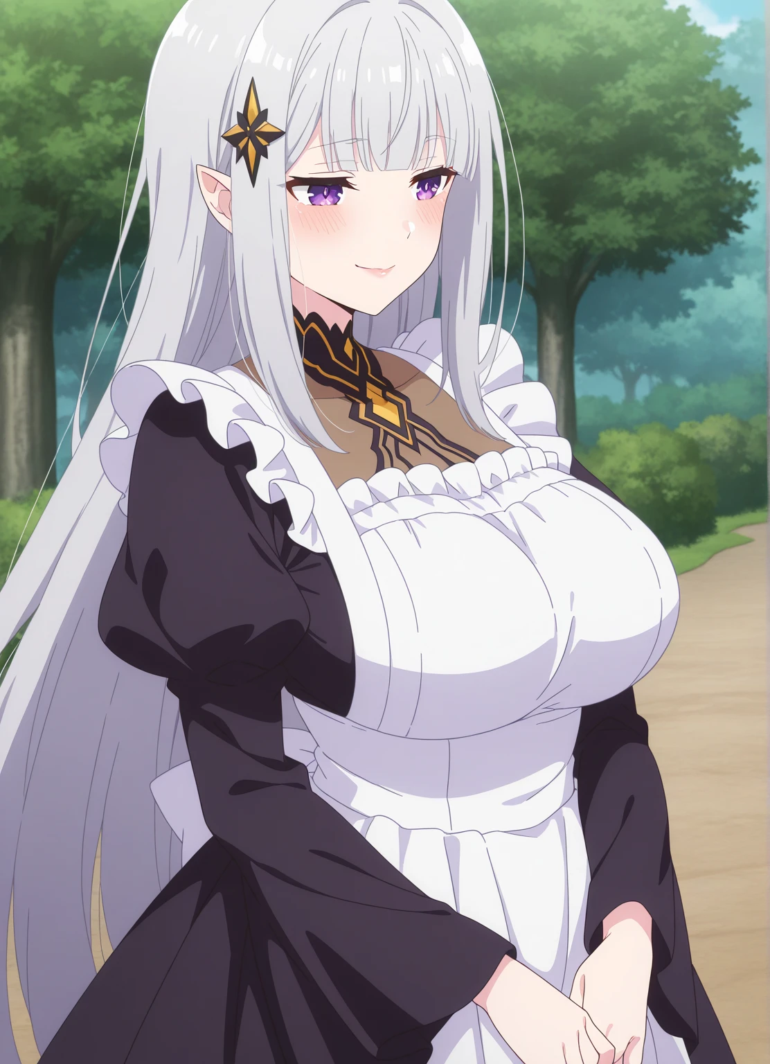 ((1 girl)), ((Only)), echidna, ((Extremely detailed CG unity 4k wallpaper)), (Masterpiece), (ultra quality), (Ultra detailed), (best illustration), (best shadow), (extremely detailed), (absurdities), (detailed background), curvy body, dynamic pose, cowboy photo, large breasts, narrow waist, wide hips, medium thighs, long hair, white hair, hair ornament , brown eyes, ((black maid outfit with white details:1.5, cut-out neckline:1.3, black stockings:1.2,bow tie, standing, skirt hold:1.2)), smile, , smile, open mouth, seductive, standing, cowboy photo, leaning towards forward, leaning, backlight, ((alone)), ((Standing:1.4, outdoors, green garden, clear landscape, blue sky, cherry blossoms, arms behind the back)), looking forward, ((focus on the breasts)), point of view: (from above), perfect anatomy, perfect hands