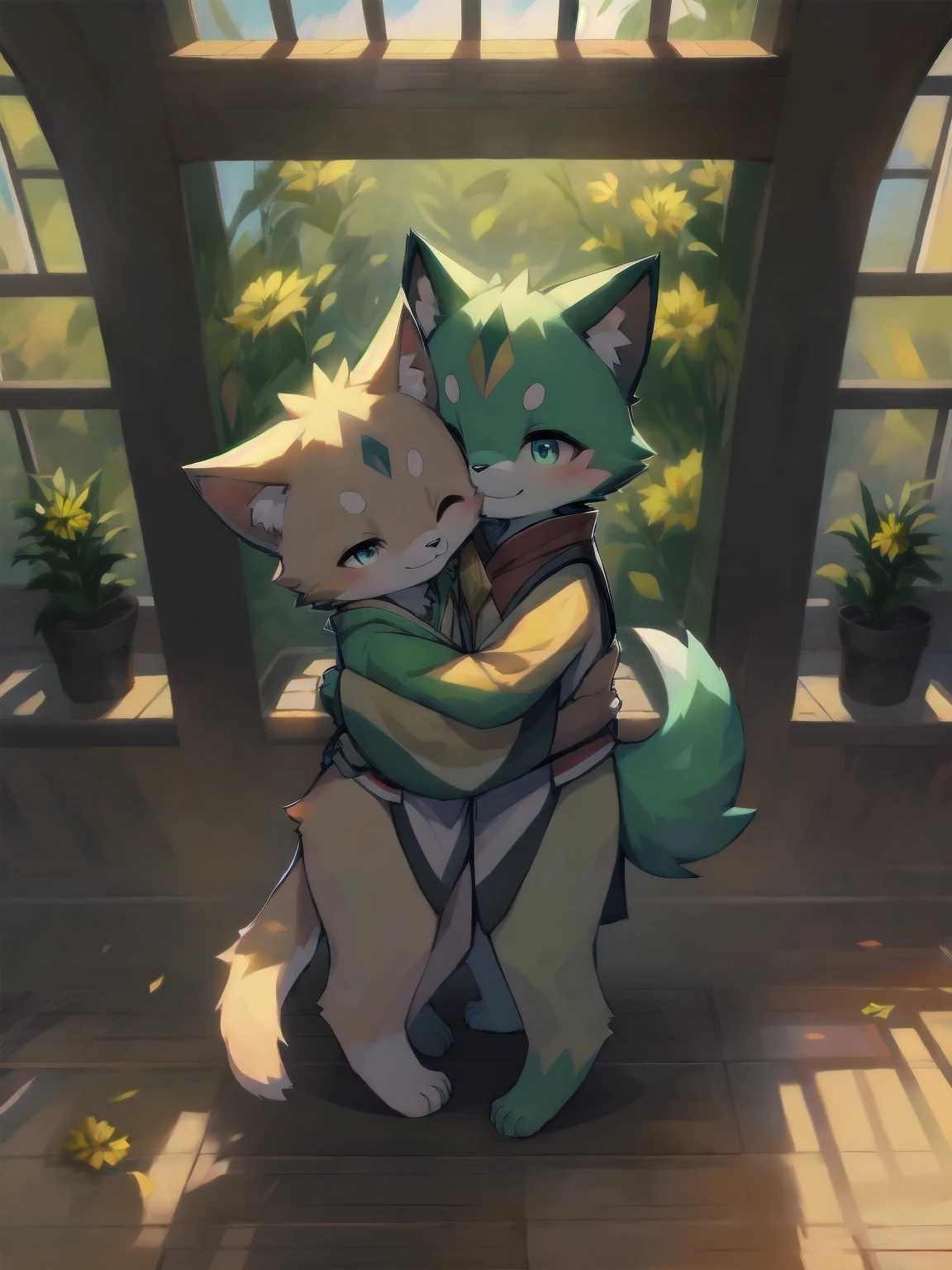 (Meisterwerk: 1,3), (2D: 1,0), (Anime: 1,0), (Illustration: 1,0). medium shot of a 16 year old male wolf roughly pressing another 16 year old male wolf to the ground, extreme close up, close up, character focus, hands on shoulders, close, embrace, kissing, humping, penetrating, making love, penetration, cuddling on floor, cuddling, on floor, on ground, uploaded to e621, erect, throbbing erection, big genitalia, 16 years old, small, shota, shota boy, boy, no shorts, no pants, naked ass, naked, socks, tongue hanging out, tank top, wristband, yellow eyes, masculine, male, (masterpiece:1.2),(anatomically correct:1.1), high quality:1.3, 2 arms, 2 legs, 1 tail, fluffy tail, small tooth standing out of mouth, small fang standing out of mouth, moe fang, cute fang, little fang, closed mouth, closed eyes, looking up, blushing, cum, cum out, erotic, ass, plump ass, night, wooden hut, stars, falling leaves, trees, wind, bushes, hidden between bushes, vegetation, big tree roots, rocks, river, low saturation, simple color palette
