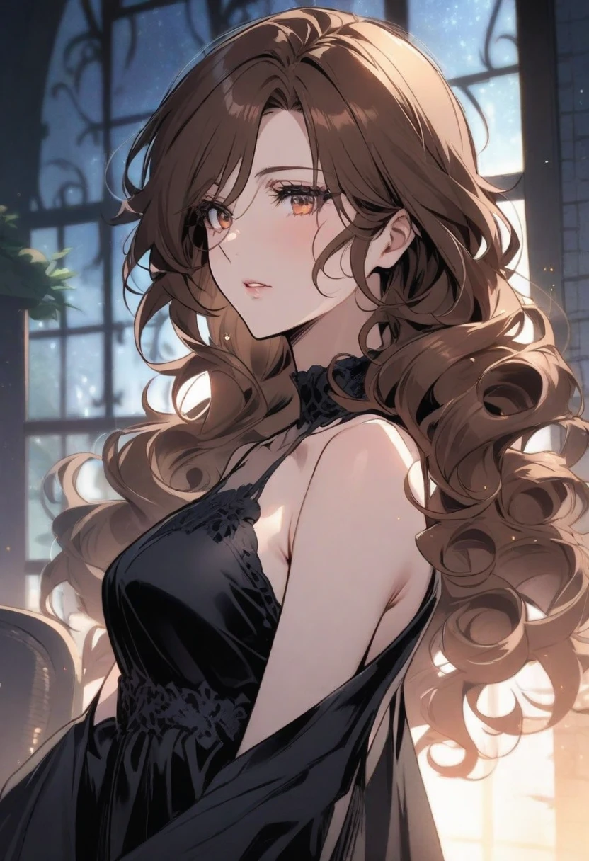 Red brown long wavy hair，Black dress，Sweet and shy female star，Exudes adult charm