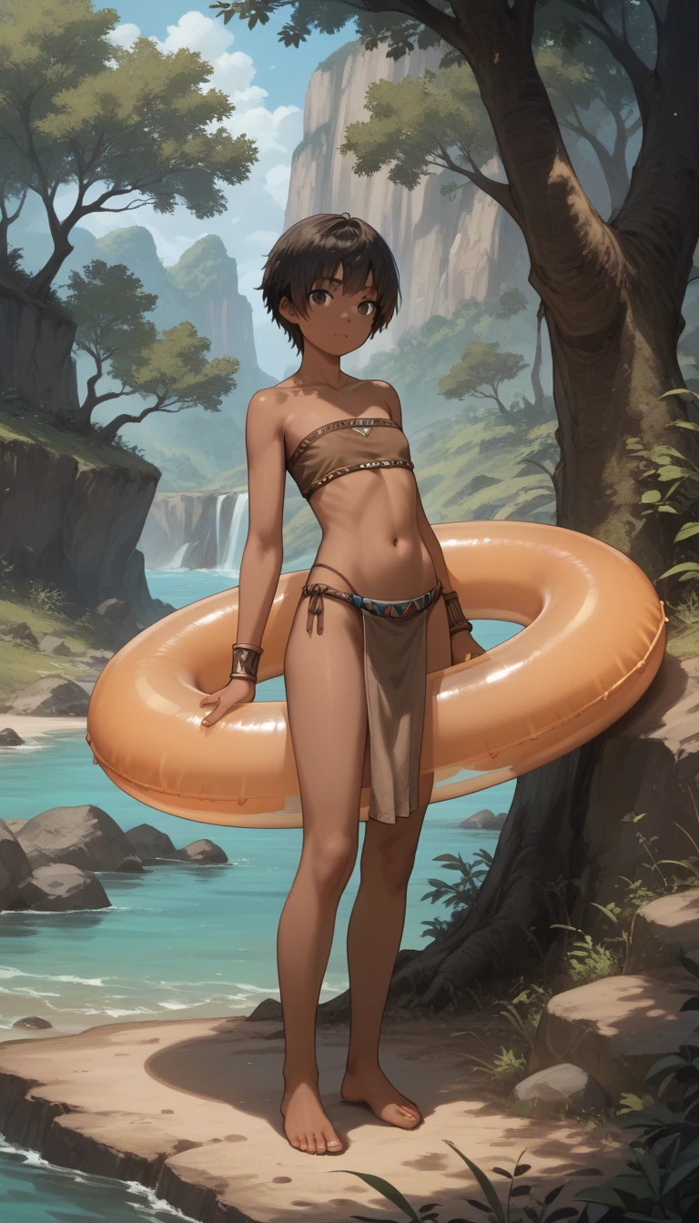 a young indian boy, mowgli, , messy bob haircut, wearing an indian belly dancer outfit, gold chained up, gold collar around neck, scared expression, gritting teeth, sweating, sad mood, red Boho Canopy Tents, vibrant colors