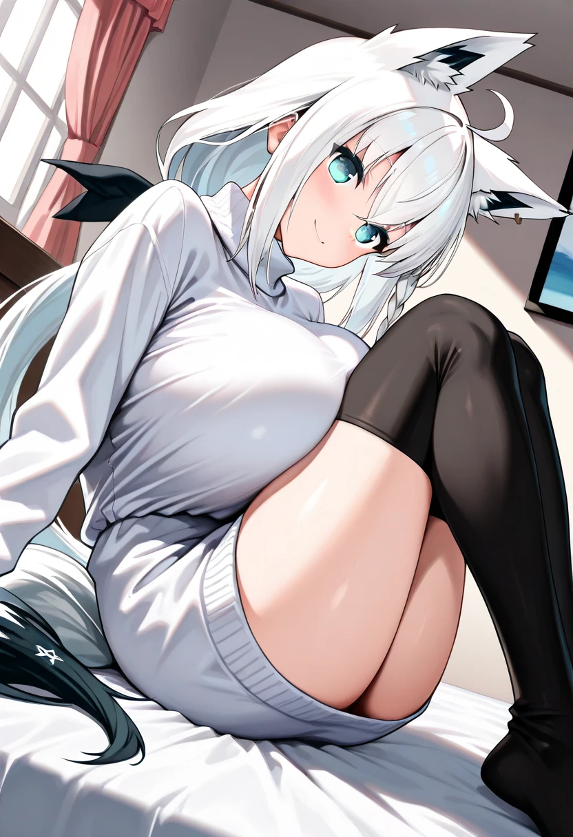 Anime, 1girl, white hair, blue eyes, glowing eyes, fishnet leggings, white winter sweater, mini-skirt, slight smile, blush, cozy house, fireplace, kitsune girl, fox plush, nine tailed girl, snow, white neck bow, fox ears, black tight leggings, blue glowing, winter themed blanket, winter themed bedroom, backside view, pillows, hot cocoa, candy cane,