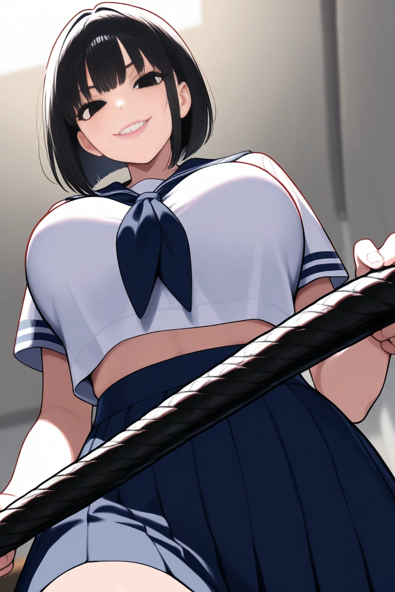 one cute woman、black short bob、Torn sailor suit、mini skirt、big breasts、plump thighs、blue and white stripes々low rise panties、black knee high socks、Ahegao、acme face、rape目、gang rape、rape、rape、hardcore sex、anal sex、double hole insertion、Creampie、