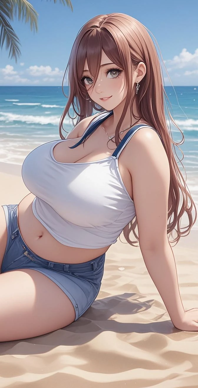 Damaged Denim Shorts green、Black Pantyhose、Aloha Shirt、Big Breasts、Beautiful feet、smile、Black Hair long hair、Sunset Seaside town、Are standing、Belly button Firm stomach