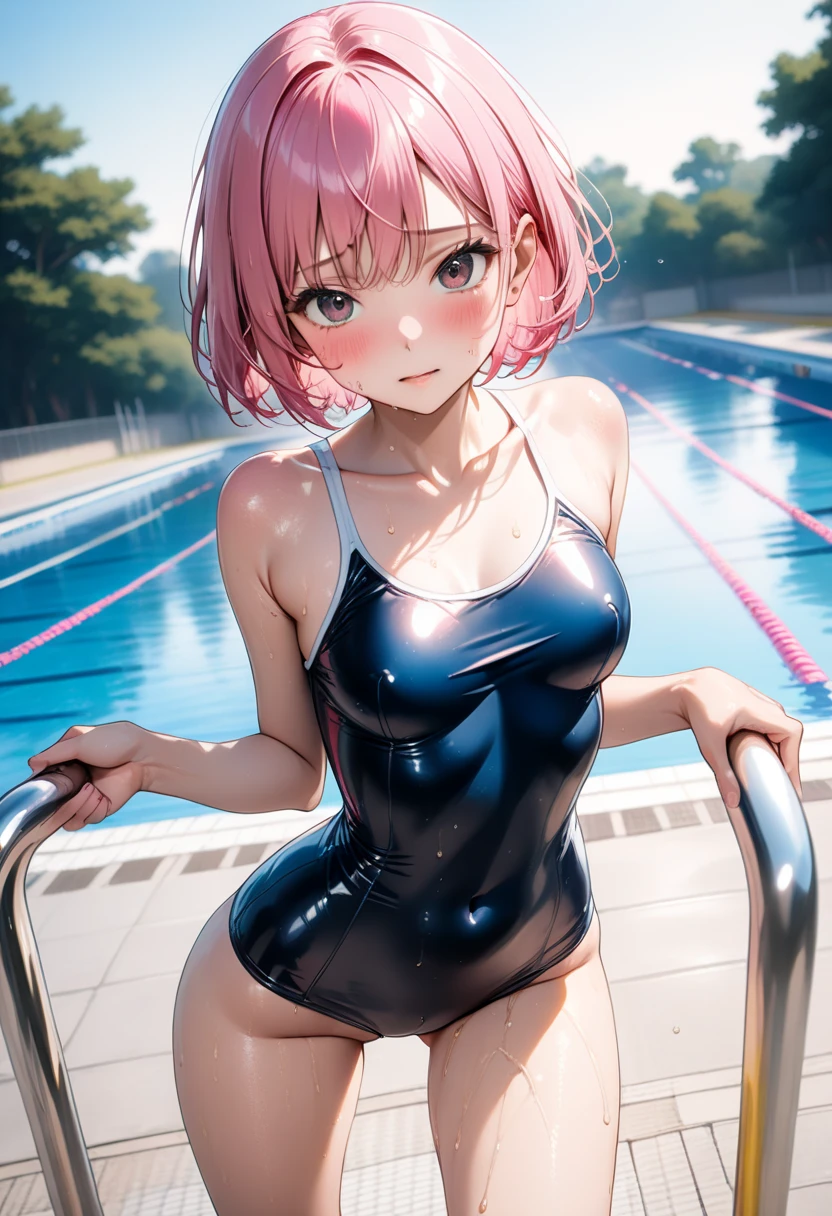 masterpiece, Highest quality, Ultra-high resolution, Highest Resolution, Very detailed, whole body, thin, very cute,、Complete limbs、Shining Eyes、Full Finger、Slender beauty、Bun Hair、Embarrassed look、Writhing expression、Pink、Wear a school swimsuit、Glowing Skin、Knee-length、pool