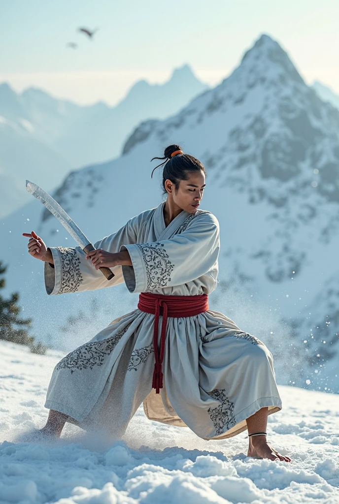 a realistic boy in native Tibetan clothing, short curly hair, very handsome full body wusia, male warrior, hansome japnaese demon boy, akira from chinese mythology, powerful body, shirtless warrior,holding a bow, walking with a horse through a snowy storm, highly detailed, 8k, photorealistic, detailed face, beautiful eyes, long eyelashes, detailed lips, detailed clothing, snowy landscape, blowing snow, cold atmosphere, warm lighting, dramatic sky
