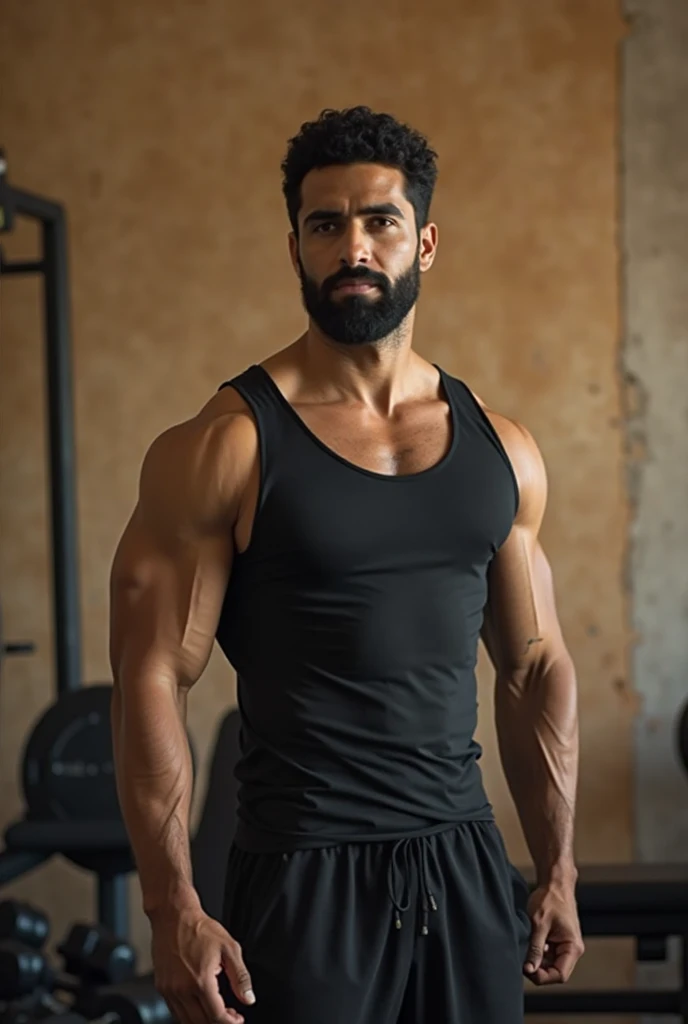 man about 35, dark skin, Blackbeard, black hair neatly styled back, scar on his left eye, sapphire eyes, black tight t-shirt, pumped up body