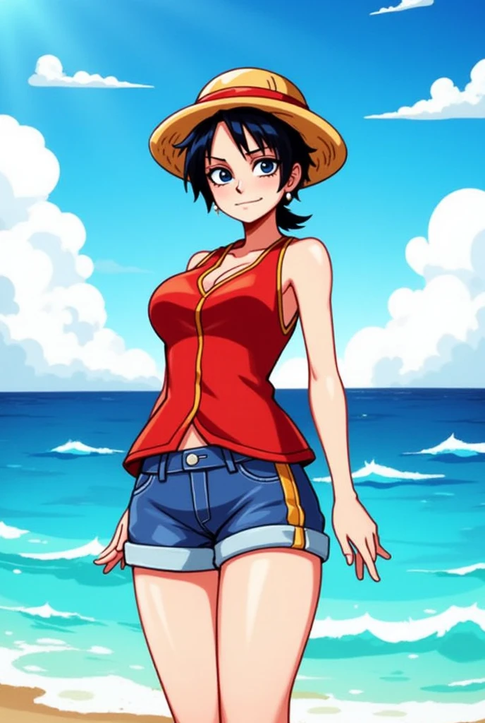 One Piece Luffy female version smiling and wearing an open red vest showing her bra and yellow ribbon with short denim shorts