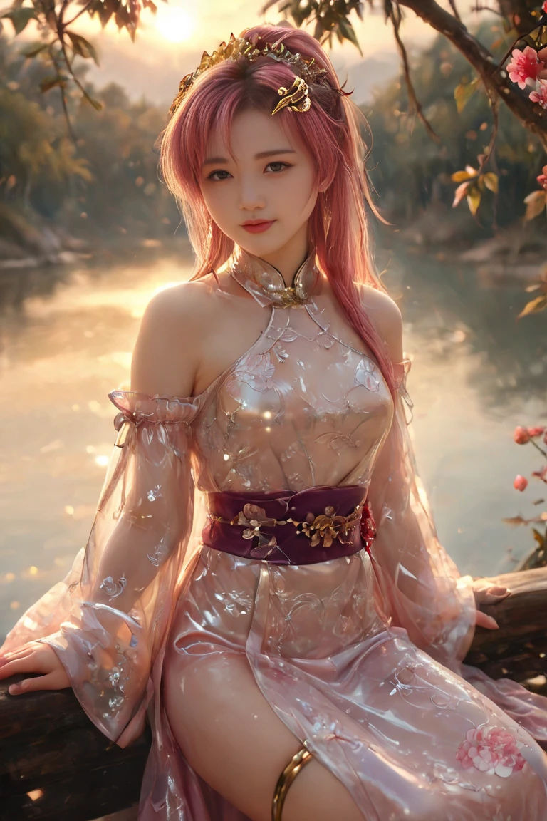 young woman, bubblegum pink shoulder length hair, low forehead, porcelain skin, pink eyebrows, large emerald green eyes, buttoned nose, full lips, heart shaped face, slender body, small breasts, leather kimono, Sakura Haruno, reality, realistic, realism, 3d, village, forest