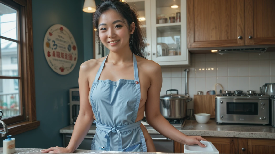 ((GREEN FLUORESCENT LIGHTENING)), ((STYLISH BUN HAIR)), realisitic、(top-quality), matured malay women、Realistic 20 year old dark skin malay face girl, dark skin、wife, mother, (((beautiful nipple)))、Cleavage is fully exposed、Erotic panties、kitchen、messy kitchen, ((Sex in cowgirl position))、((Colossal tits:1.4)) 、((Very small face))、all-fours,Professional bright lighting、Leans forward heavily、Face kissing、erotick、((Chibi girl in loli))、Pale blue loose blouse、gym shorts, ((seduce face)), smile