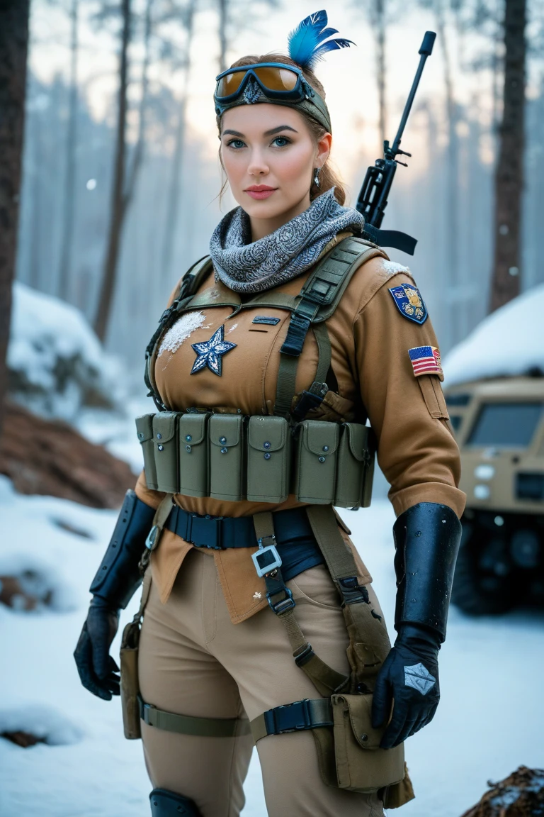 beautiful Gabbie Carter  posing as an army officer, photo referenced, highest quality, high quality, (detailed face and eyes), dusk lighting, high boots, strong makeup, industrial, outdoor snow forest background  <lora:Gabbie Carter:0.8>