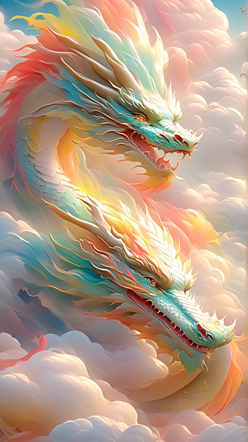 A dragon rises from the sea of clouds、Carrying great happiness、Huge gold and red body、High detail、High resolution、High color rendering、High resolution、Surreal、Realistic、Rainbow colors、Pastel colored scales