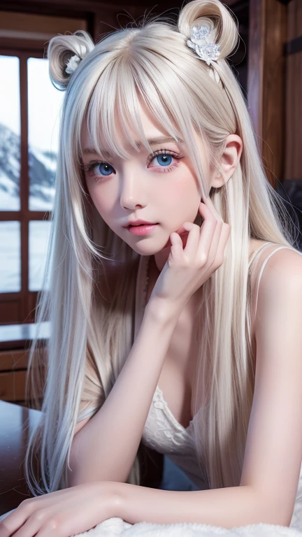 There is a woman with a pink bow and a green sweater, artwork in the style of guweiz and blue like eyes, guweiz, inspired by Sim Sa-jeong, realist anime 3 d style, realist. Cheng Yi, Tifa Lockhart with white hair, hyper realist anime, soft portrait 8k, photorealist anime, Perfect white hair girl, big breasts