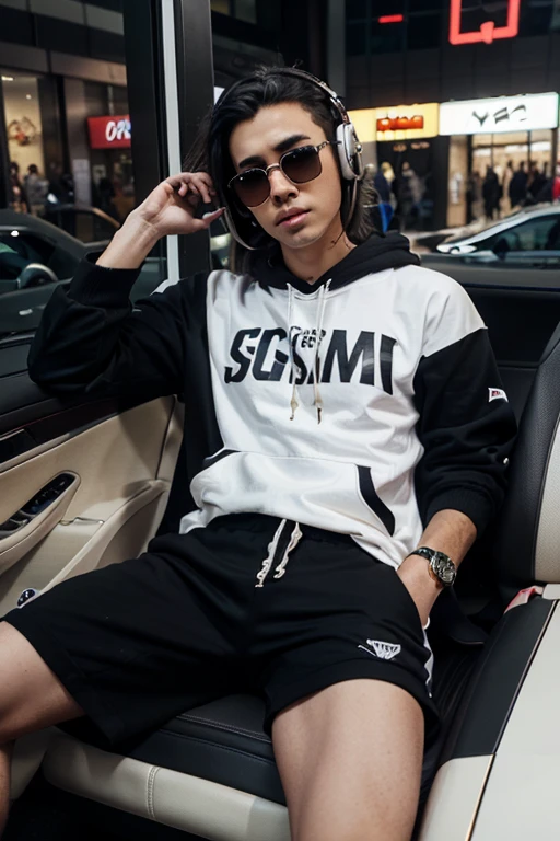 prompt: create a disney pixar movie poster with a tall black hair boy wearing white hoodie and black vans shoe leaning on candy white pulses black KL57AA7910 on the number plate and a cat on the hood at night