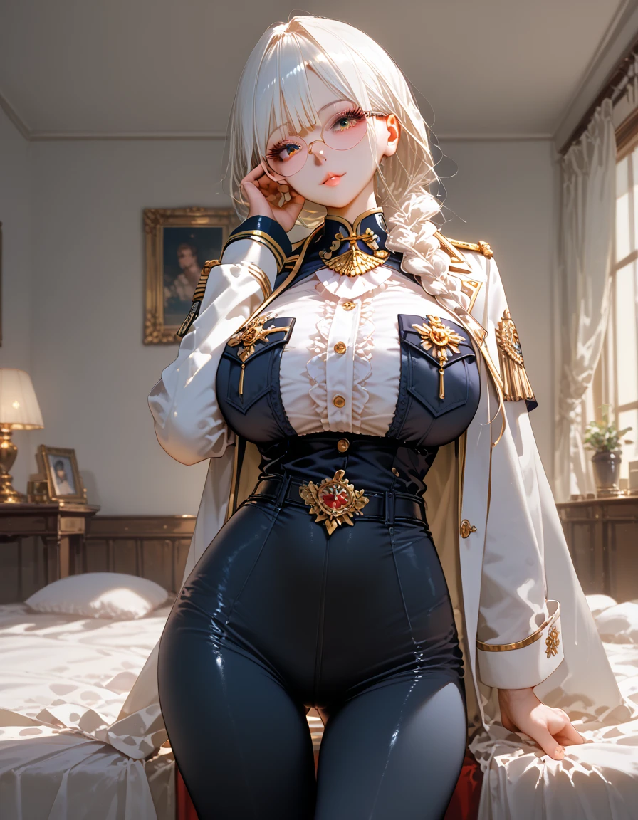 ((masterpiece, best quality)), (((masterpiece, best_quality, highest quality))), (perfect detail, perfect skin:1.2), (highres), original, extremely detailed 8K wallpaper, (an extremely delicate and beautiful), incredibly_absurdres, intricate detail, distinct_image, extremely intricate, (detailed skin:1.3), best quality:1.2, High definition, intricate details, finely detailed, beautiful detailed, high detailed skin, ((glossy skin)), shiny skin, (white skin:1.3), (pale skin:1.3), (natural light, ray tracing, volumetric light), (top quality), (golden-ratio face, perfect proportioned face, perfectly beautiful:1.3), (peer proportional face), (peer proportional body, proportional awesome body:1.3), parted lips, ((presenting)), (perfect anatomy, correct limb, correct finger), (tiny head:1.2), (large breasts:1.2), narrow hips, long hair, thin legs, (uniform:1.4)