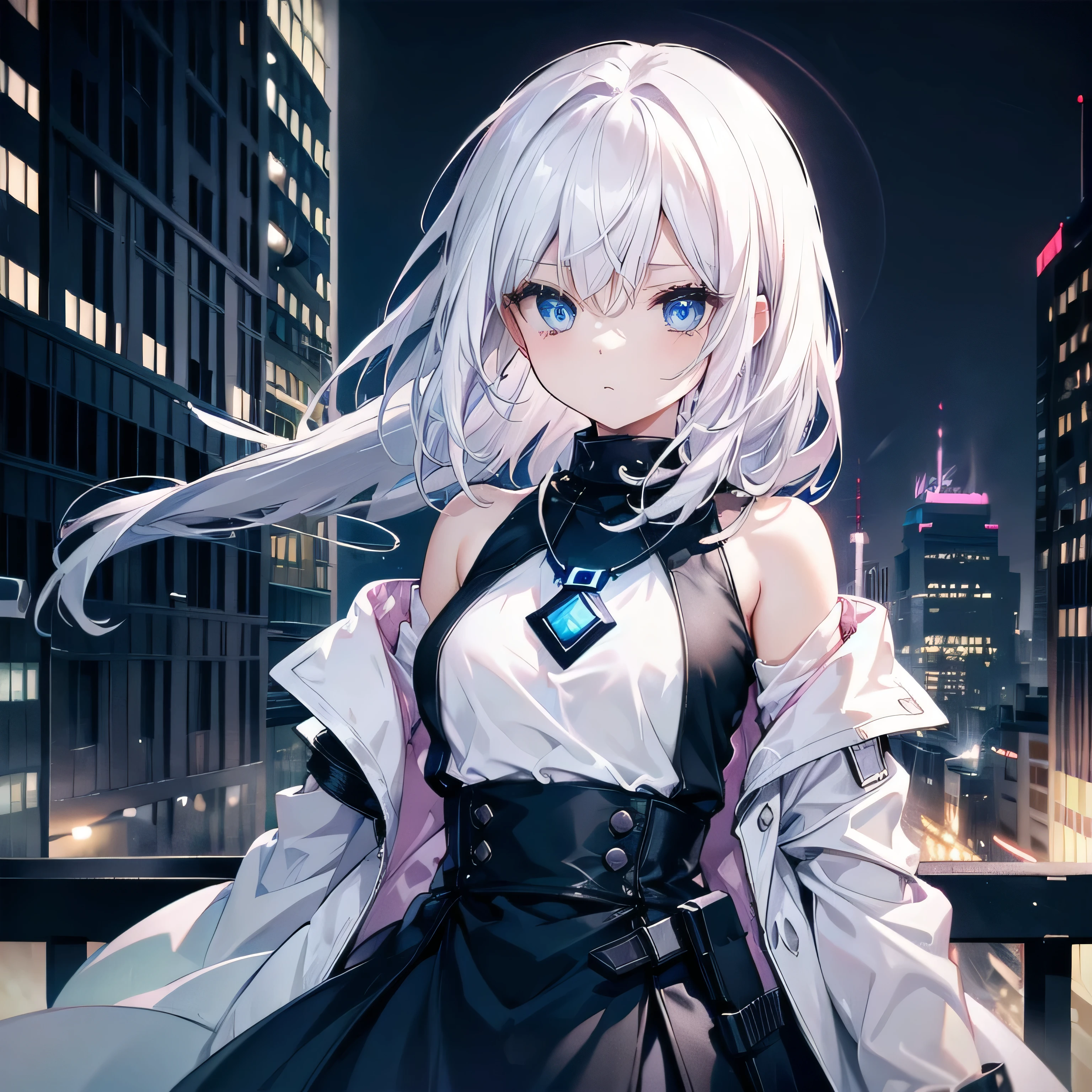deep in the night、Rooftop of an urban building、Sniper Woman、White medium short hair lob hair with light pink mesh、blue eyes、Black long coat、White T-shirt、a black skirt、Cool face、Sapphire Necklace、cool lady、carrying a sniper rifle、high-level image quality、High Quality、Two-dimensional illustration、Japan Anime、,drawn by Japanese ilastrator