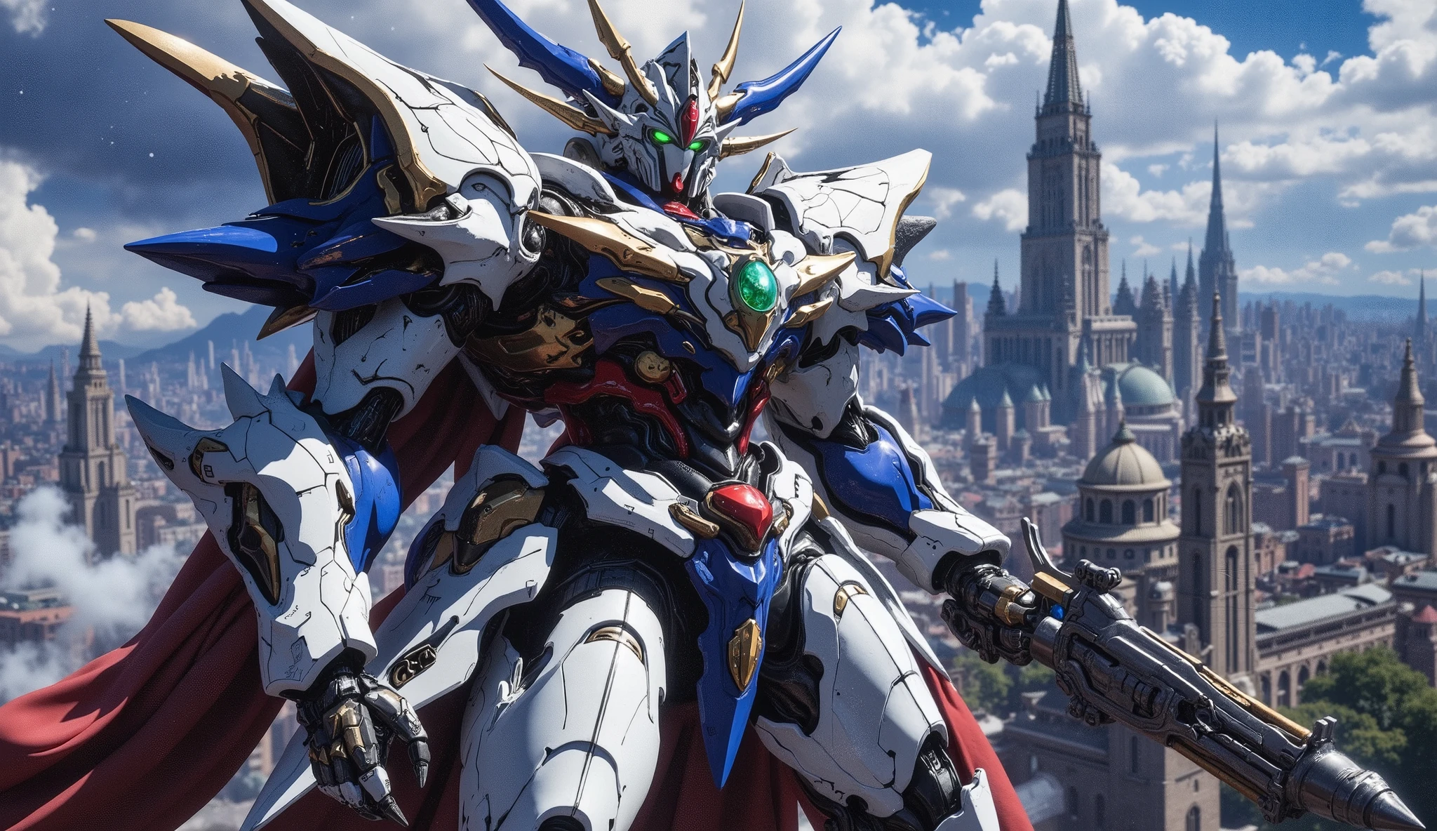 An awe-inspiring, full-body depiction of a biomimetic humanoid Mecha, projecting masculine power. Its design, inspired by legendary Super Robots, features organic biotech armor in a primary palette of brilliant white and deep sapphire blue, punctuated by fiery red and lustrous gold accents. This armor seamlessly blends formidable, heavy protection with surprising agility. Notable details include intensely glowing green eyes, radiant armor segments, fully enclosed shoulder guards, harmonized arm and leg armor, and an embedded precious gemstone. The Mecha is captured in a commanding stance, floating high above a vast, hyper-detailed futuristic sci-fi metropolis. Artistic Rendering: A symphonic blend of Baroque grandeur and advanced Mecha aesthetics, realized as a hyper-realistic digital painting. The image should radiate professionalism and creative genius, showcasing metallic iridescence, dramatic chiaroscuro lighting, and ultra-high definition (32k UHD, RAW photo quality). Prioritize anatomical precision, a perfectly symmetrical and intricately detailed face, and a breathtaking, high-quality finish.