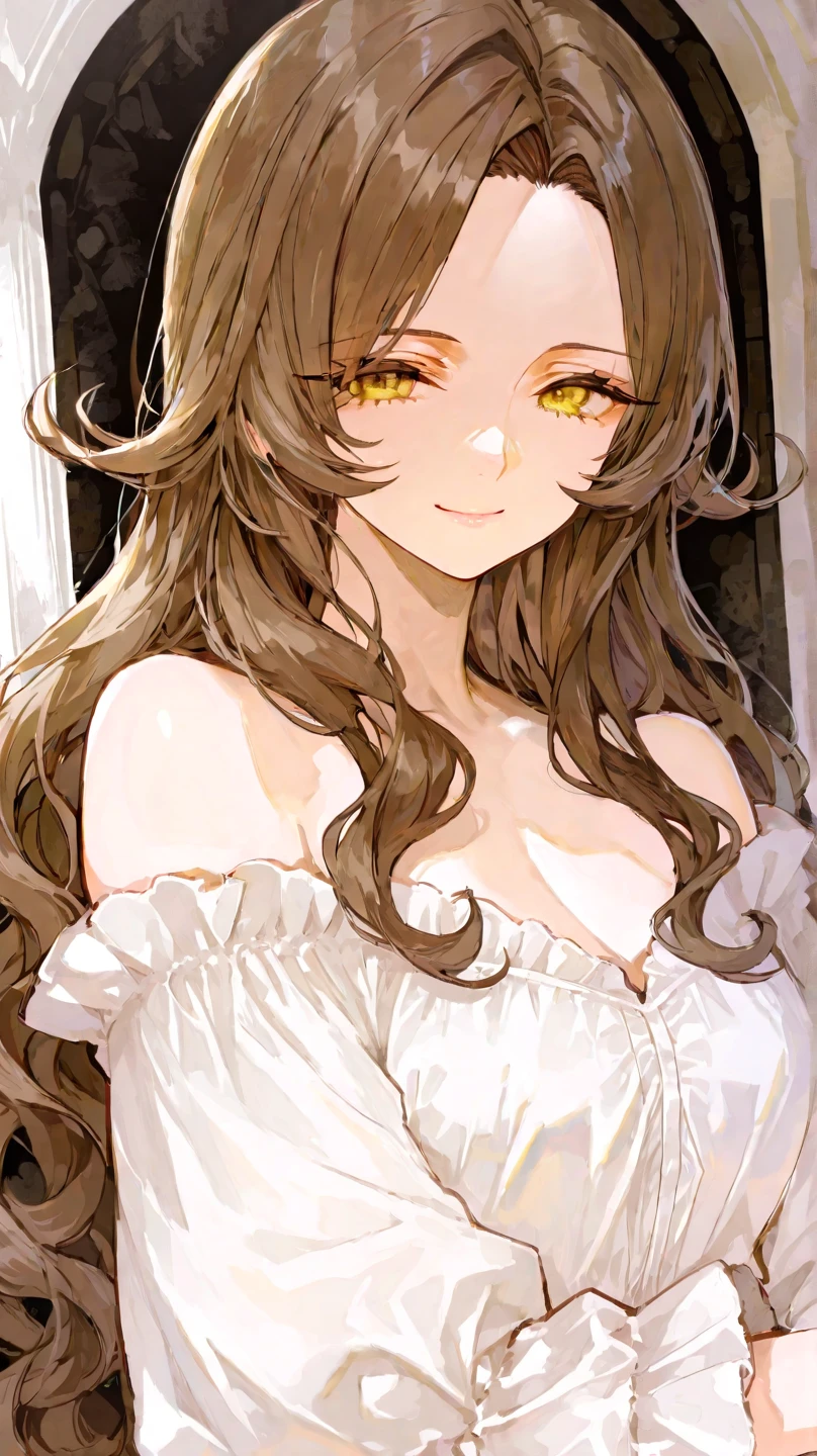 One girl, brown long hairs, blue eyes, fair, wearing , shirt revealing cleavage, 22 years old, 4K, HDR, Masterpiece, Hd