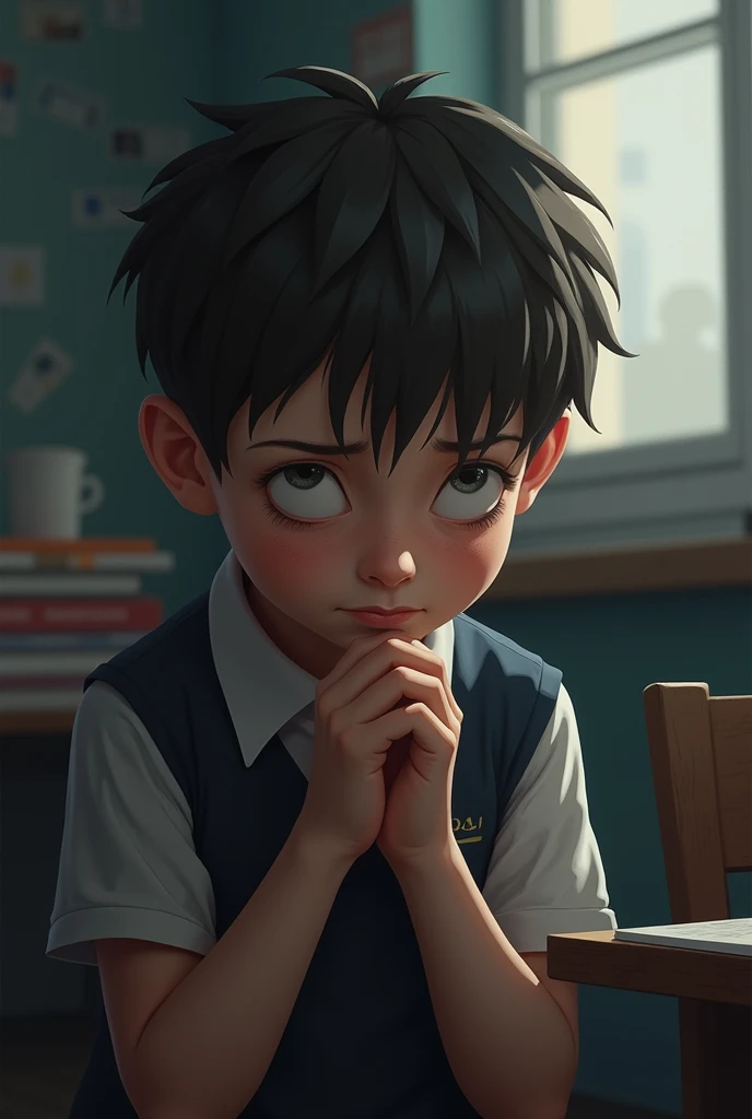 A sixth-grade boy in school, brunette with straight black hair, is in love with a brunette with straight hair, but the boy is sad and afraid to tell her he likes her and is crying. 
