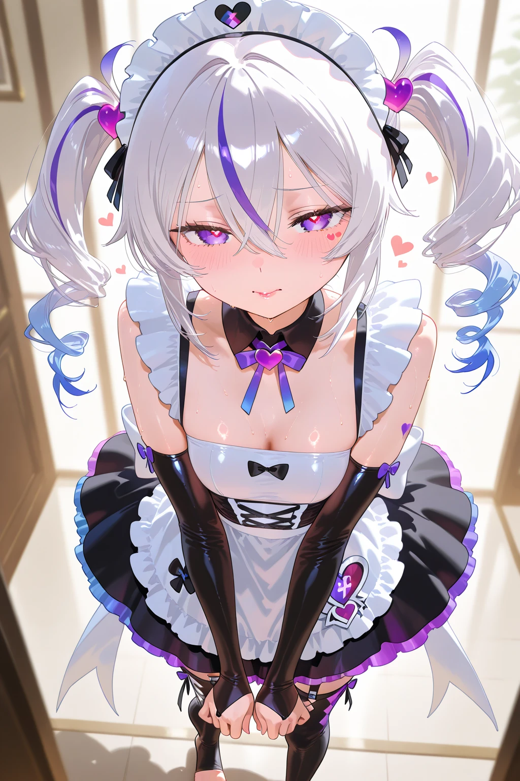 ((hypnotized girl)), pink big hypnotic eyes,  1 petite and slender woman, considerably enlarged breasts,   ((Gray hair)),((black ribbon twintail hair,)),In 8K, top quality, (highly detailed head: 1.0), (very detailed face: 1.0), (highly detailed hair: 1.0),((Obscene bunny girl fishnet tights costume)), Detailed official artwork,  clean detailed anime art,((confused face)),  ((shame)),obscene pose
