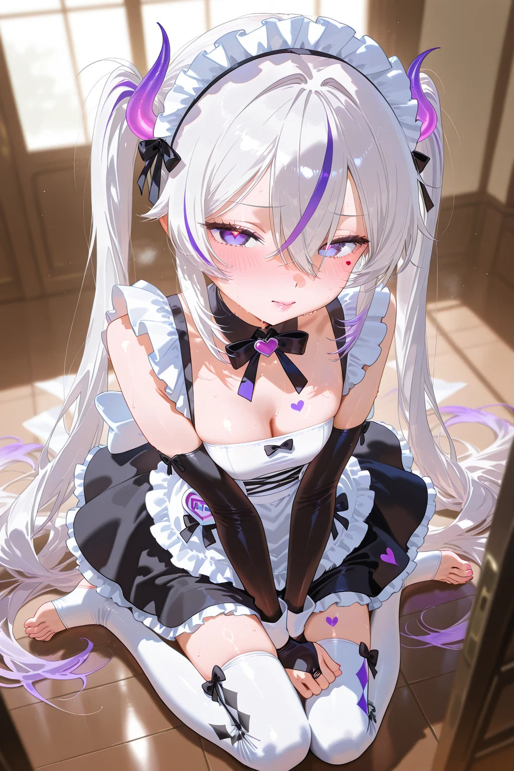 (1girl:1.2),(white pantyhose:1.4),(ass focus:1.3),(long hair:1.1),(twintails),(dress),(looking at viewer),(hair ornament),(sole),no shoes,solo,looking back,soles,bare shoulders,white dress,bangs,blush,tongue,open mouth,from behind,tongue out,all fours,purple eyes,very long hair,pink hair,white background,simple background,detached sleeves,back,frilled dress,no panties,silver hair,hairclip,ribbon,