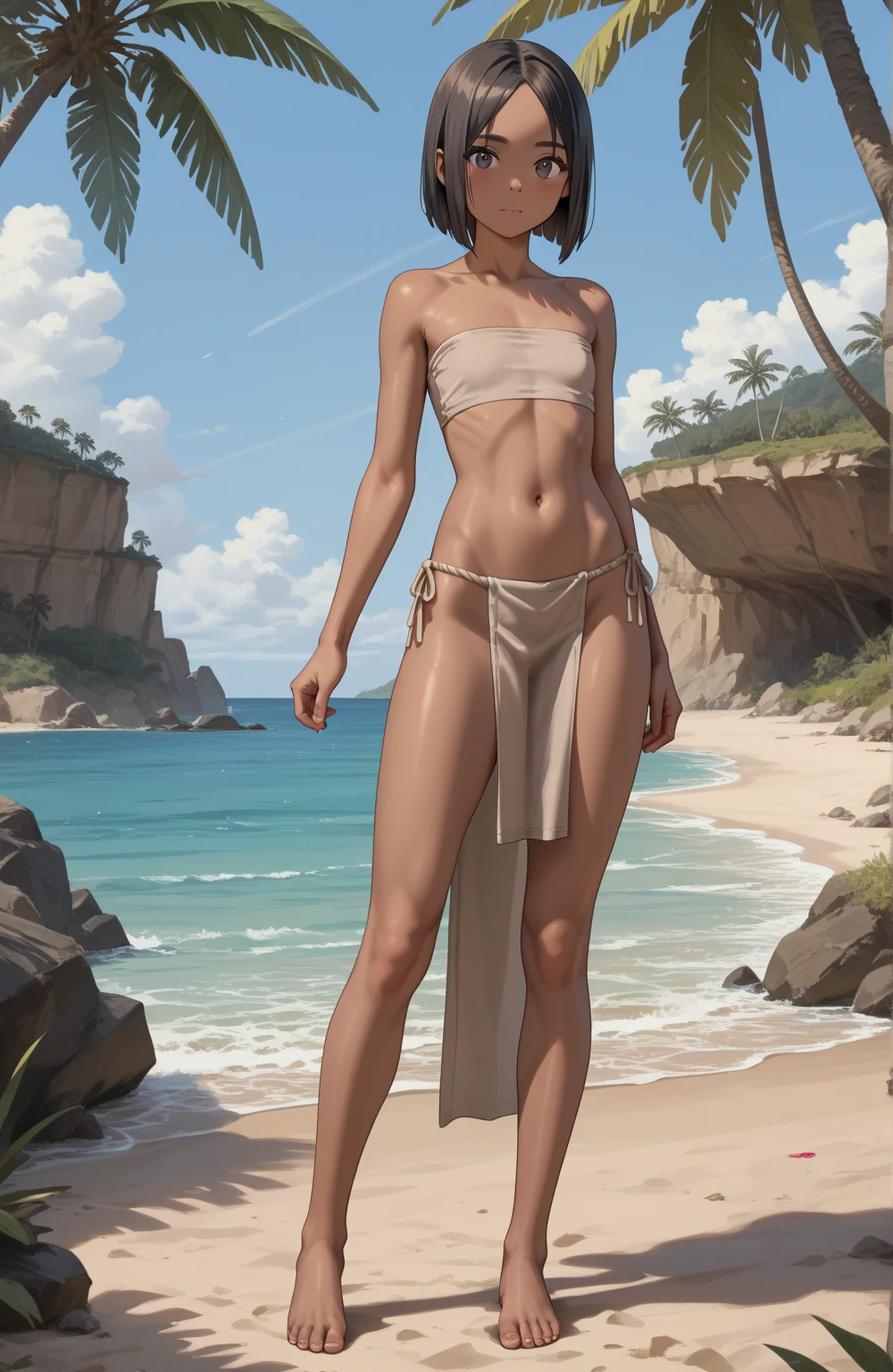 Fremen woman, Desert landscape, Arrakis, curly hair, (Masterpiece, best quality, intricate details, 1sologirl) iron collar, arms behind back, iron cuffs, shackles, collar chained to pole, bound chained to pole ((chained standing by wooden pole:1.2)) ((female Black Dark skin )) show entire body frontal position, feet in view, realistic, gorgeous 16y.o. darkest skinned mixed race female, black African, legs open, barefoot no shoes, looking to viewer straight symmetrical, slightly curly long hair, in rag clothing, bare midriff, 4k hd