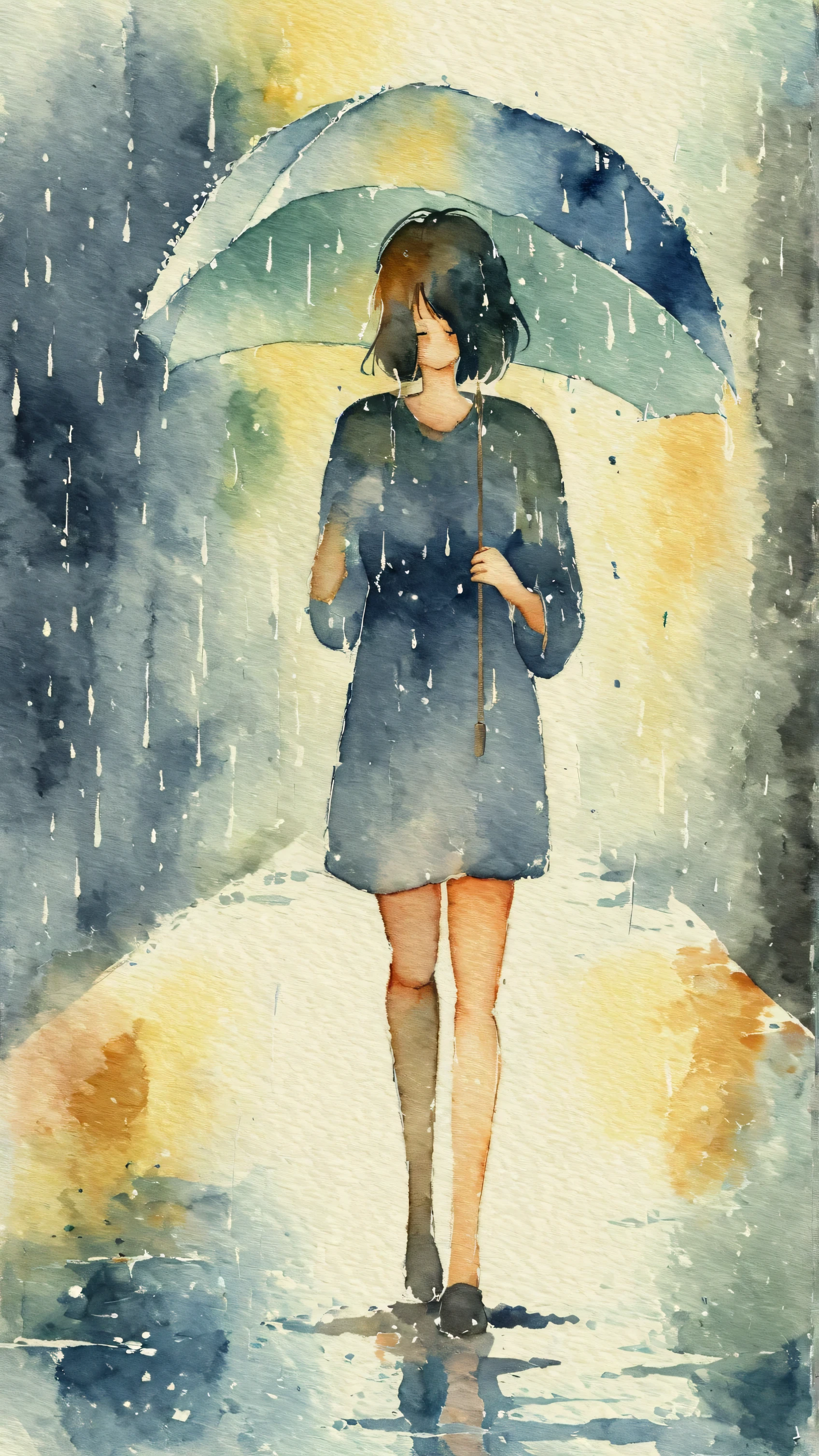 watercolor painting of a girl in the rain. full body shot of the girl who is soaked under the rain. she tilts her head up to face the rain, the rainwater flows down her face. she is walking in the street, holding her hands out to feel the rain. watercolor brushes stroke painting style. the sky is dark.