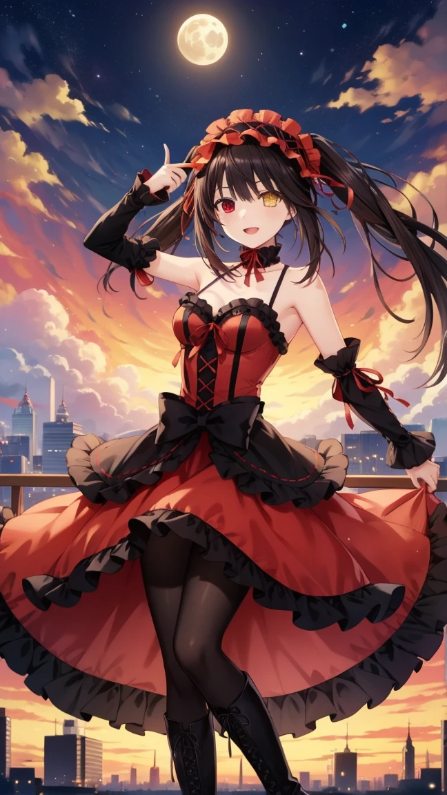 ((1girl)),((alone)), kurumi tokisaki,(masterpiece), (best quality), (ultra detailed), (best illustration), (best shadow), (absurdities), sharp focus, cowboy shot , dynamic posture looking at the viewer, big breasts, narrow waist, wide hips, wide thighs, round butt, ??????, romantic, (very detailed eyes, lips 1.1), very detailed eyes, eyes, Very detailed face, Very beautiful face, height complete, beautiful slim figure, femininity, expressive appearance, elastic large breasts, increased sexuality, long hair, black hair, two pigtails, red headband with red details, (( heterochromia)), red right eye, golden left eye with clock iris ,black pupils, neckline, black choker, red ribbon, bare shoulders, gothic Lolita dress, red dress, black details, red bow, loose sleeves, black pantyhose, black shoes, , gun in hand, defined body, Perfect and beautiful body, perfect and beautiful, closed mouth, smile, seductive smile, blushing, (sexy pose: 1.2), ((solo)), standing: 1.3, outdoor, city, landscape urban,streets, cloudy sky,clouds,looking forward,((focus on thighs)), point of view:(from middle)), red blush, perfect ???????, perfect hands
