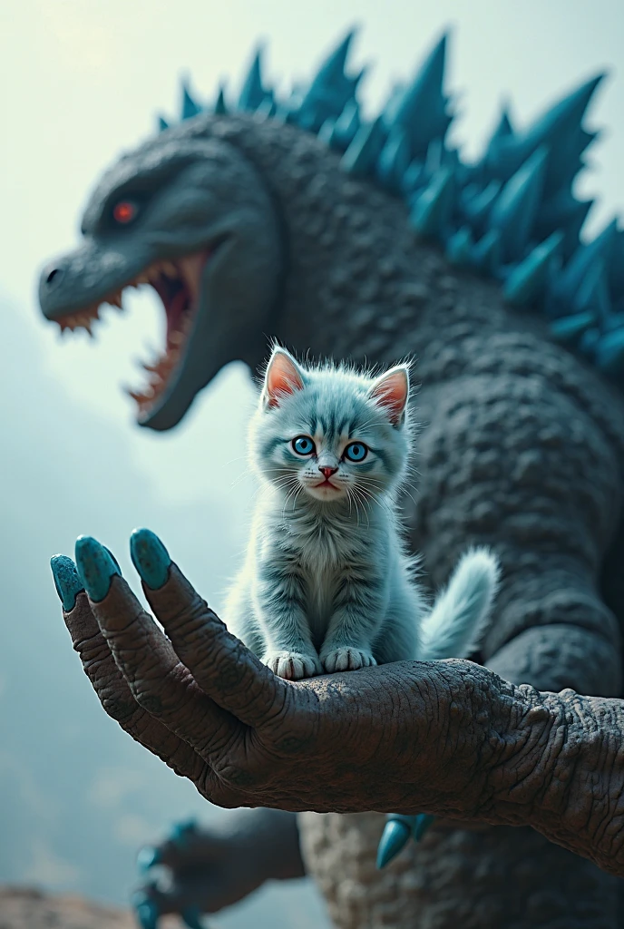 Cute miniature 'light purple and white' kitten standing angrily and attacking a Godzilla displaying its strong muscular body, a small head with sharp teeth, thick scaly skin, three rows of spikes on his back, a powerful tail, and free arms with grasping hands in a street, tall buildings as background .
